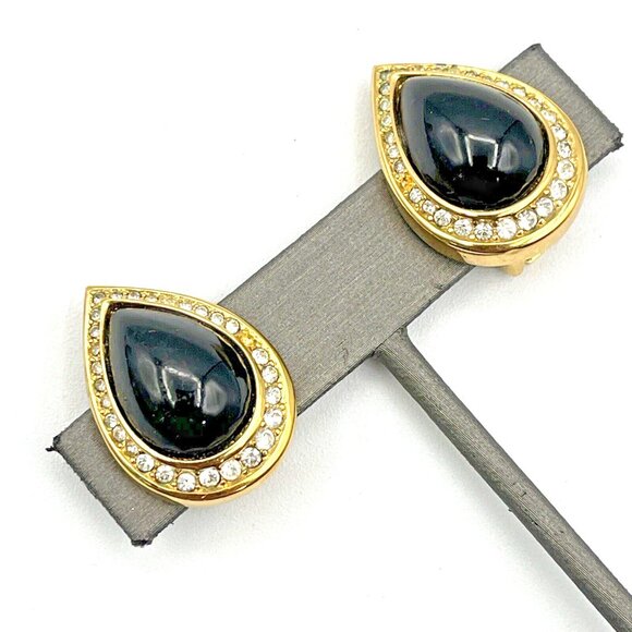 Vintage CHRISTIAN DIOR Pave Crystal Black Cabochon Clip On Earrings Gold Tone - Picture 3 of 9
